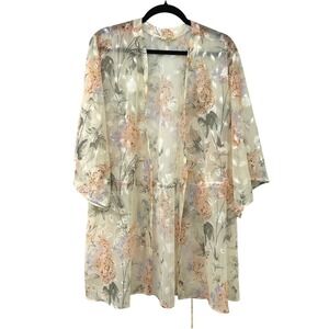 Floral Sheer Kimono Duster Cardigan M Romantic Boho Layering Open Front Longline